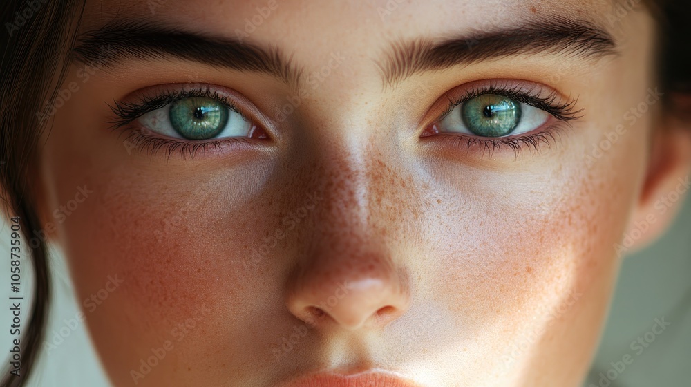 Close up of a beautiful face featuring smooth skin texture and an even tone complemented by a soft pastel background Close up of a beautiful face featuring smooth skin texture and an even tone complemented by a soft pastel background