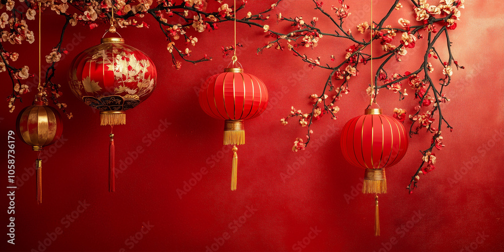 Chinese new year decorative banner with red paper lanterns and cherry tree branch, Lantern festival and New yeah background. Chinese new year decorative banner with red paper lanterns and cherry tree branch, Lantern festival and New yeah background.