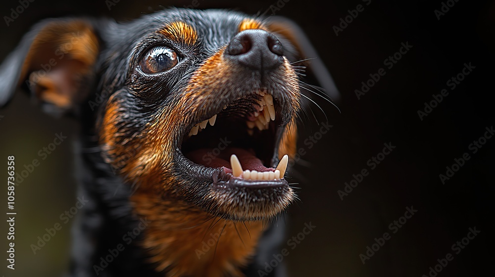 An aggressive little dog baring its sharp teeth, visual warning for rabies prevention and vaccination campaigns, perfect for banners with space for safety messages An aggressive little dog baring its sharp teeth, visual warning for rabies prevention and vaccination campaigns, perfect for banners with space for safety messages