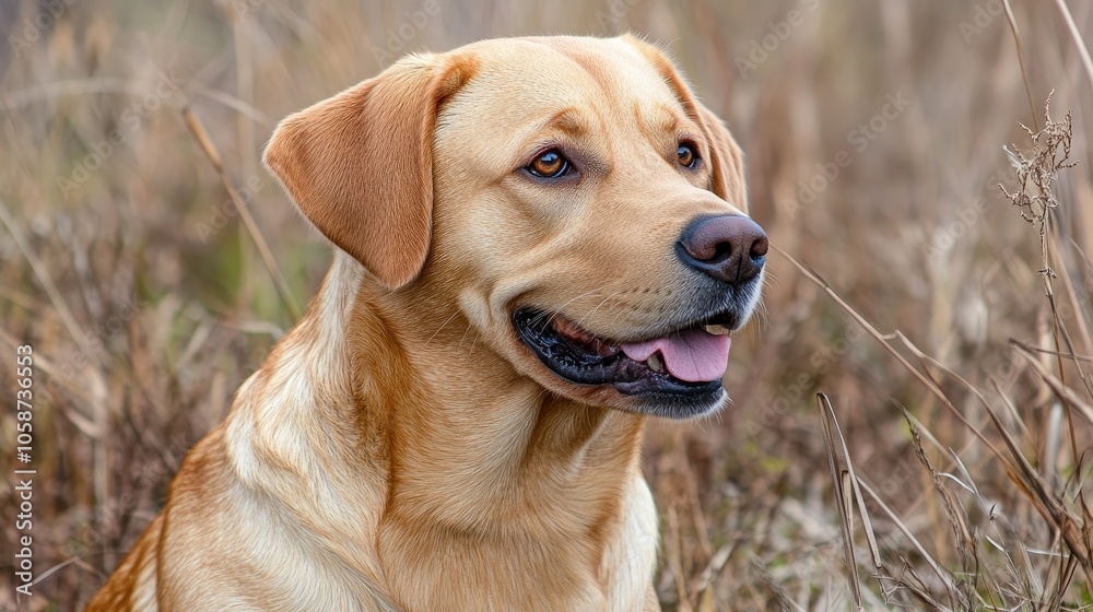 A Yellow Labrador Retriever in an Outdoor Field Environment A Yellow Labrador Retriever in an Outdoor Field Environment