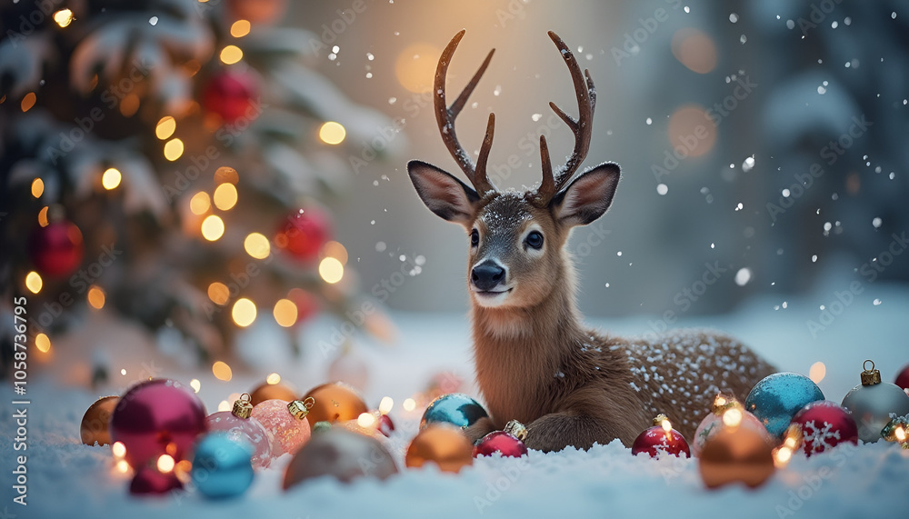 Deer on snow with Christmas baubles and holiday lights Deer on snow with Christmas baubles and holiday lights