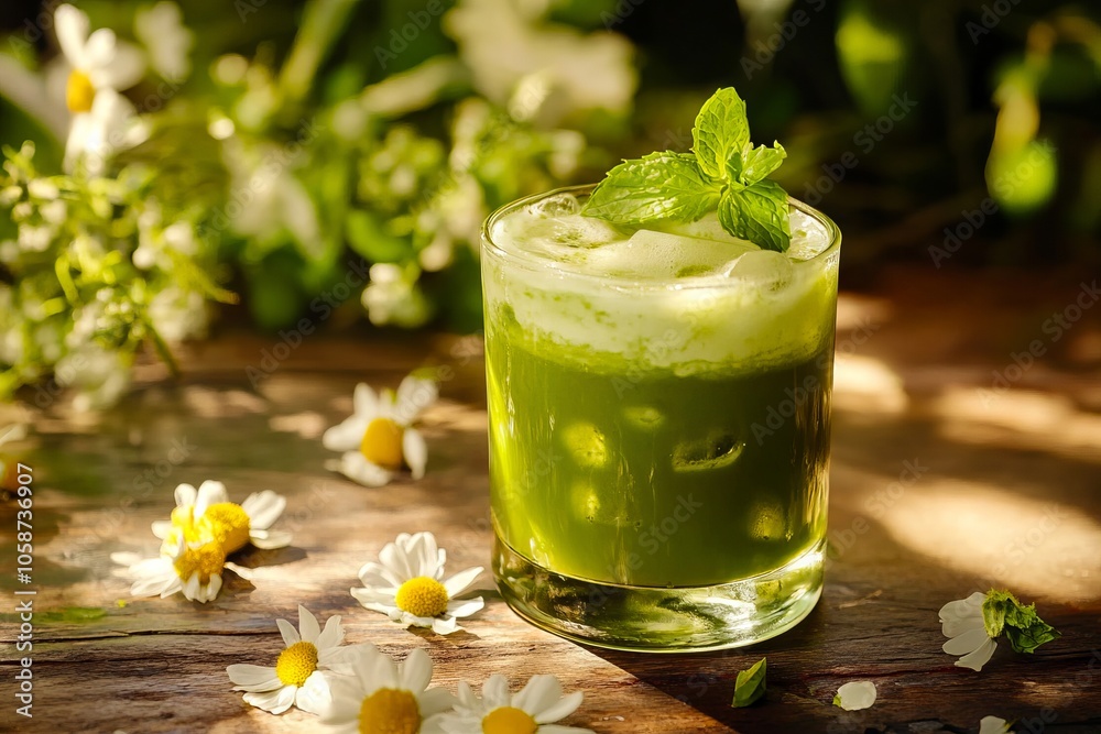 A glass of green juice with a mint leaf on top of it A glass of green juice with a mint leaf on top of it