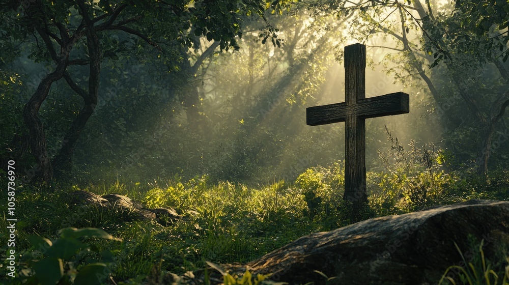 A wooden cross stands in the foreground surrounded by vibrant greenery and sunlight streaming through the trees