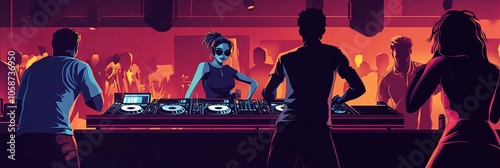 People dancing while a DJ spins, mixes, and scratches in a nightclub  photo