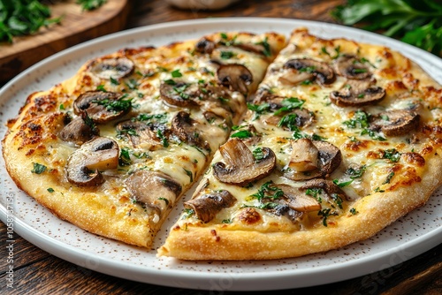 mushroom pizza on dark background. health-conscious alternative with sustainable, environmentally friendly ingredients.