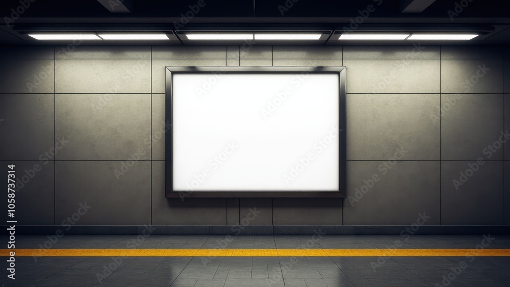 Subway movie poster mockup featuring an empty frame on the wall, perfect for displaying cinematic artwork or ads in a public transit environment. Subway movie poster mockup featuring an empty frame on the wall, perfect for displaying cinematic artwork or ads in a public transit environment.