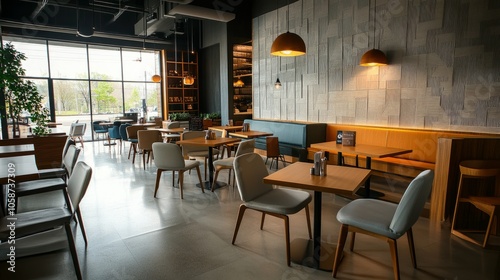 Stylish cafe with minimalist decor  soft seating  and an empty textured wall background  ideal for a trendy  relaxed vibe