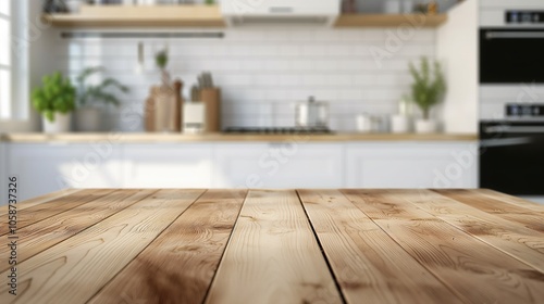 empty beautiful wood table top counter modern kitchen interior in clean and bright. 