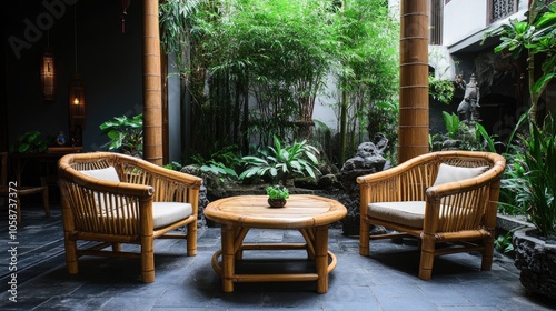 Bamboo chairs and table in an outdoor courtyard setting