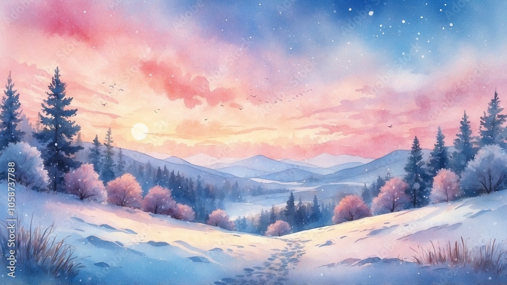 Magical Winter Landscape with Pink Sunset Sky over Snowy Mountains and Pine Forest
Magical Winter Landscape with Pink Sunset Sky over Snowy Mountains and Pine Forest