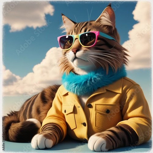 A Tabby cat is dressed suit, sunglasses, sky cloud background4 photo