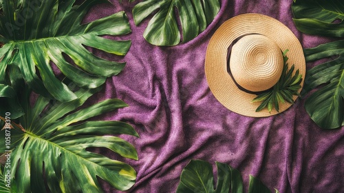 Beach Essentials on a Purple Blanket with a Straw Hat and Tropical Leaves photo