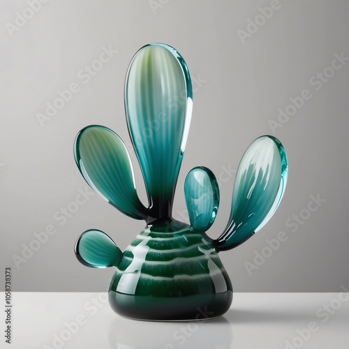 Elegant glass sculpture of Nopal cactus pads with a glossy green finish against a light gray background, showcasing exquisite craftsmanship, generative ai photo