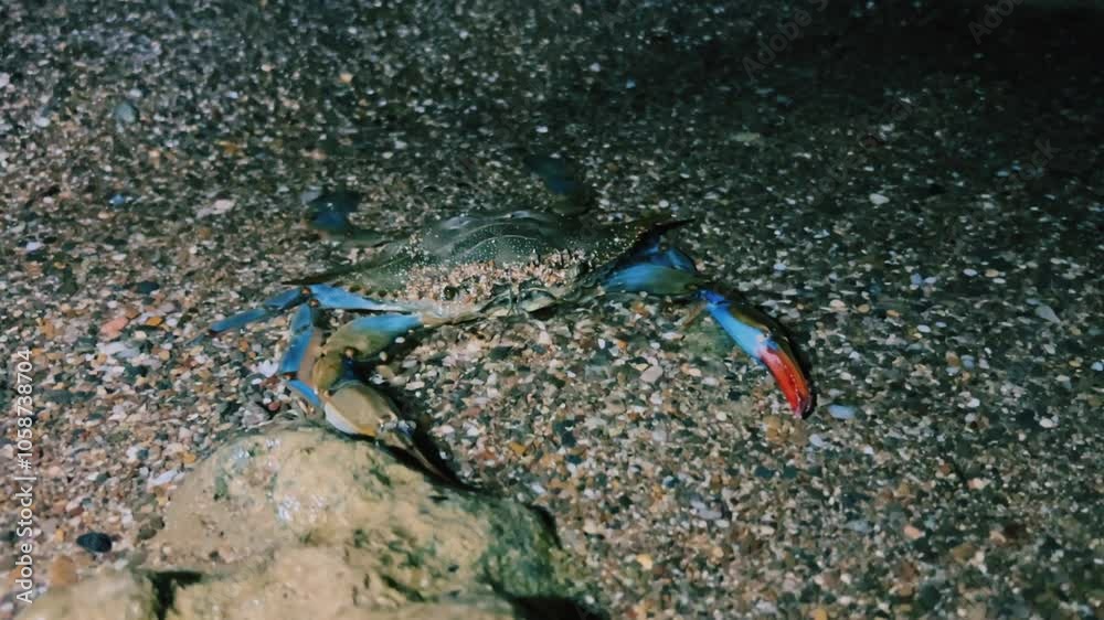A blue crab that lives in the Mediterranean Sea. The African blue floating crab is Portunus segnis. A giant blue crab at night on a sandy beach. A crab with huge claws hunts on the seashore. 4К A blue crab that lives in the Mediterranean Sea. The African blue floating crab is Portunus segnis. A giant blue crab at night on a sandy beach. A crab with huge claws hunts on the seashore. 4К