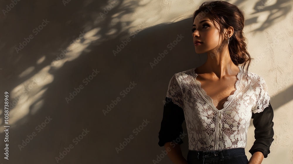 Fototapeta premium A woman wearing a white lace dress is standing in front of a wall
