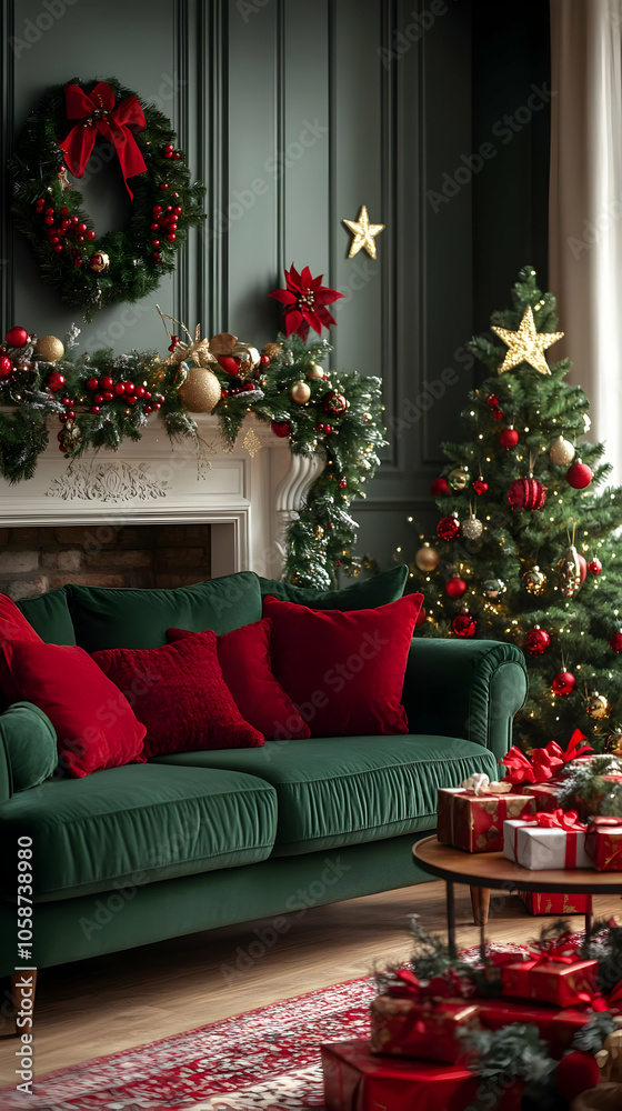 Christmas Photo - Red And Gold Decorated Christmas Tree and Fireplace in a Green Living Room Christmas Photo - Red And Gold Decorated Christmas Tree and Fireplace in a Green Living Room