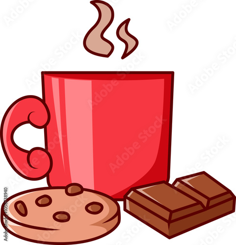 hot chocolate in a red cup with cokies Vector Illustration Icon. Flat Cartoon Style