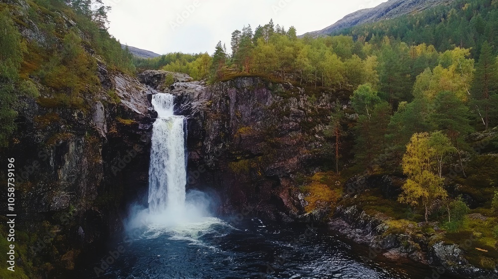 Drone panoramic photo of the car driving through picturesque road above the huge waterfall near the fjord in South Norway Drone panoramic photo of the car driving through picturesque road above the huge waterfall near the fjord in South Norway