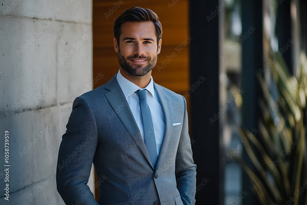 Confident Man in Classic Grey Suit with Blue Tie