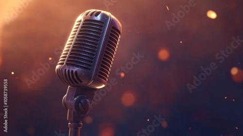 A vintage silver microphone on a stand, with a warm, blurry background.
