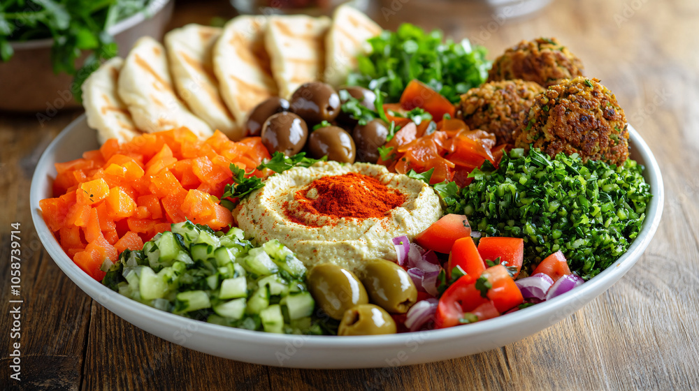 Delicious Middle Eastern Hummus Bowl with Falafel, Pita Bread, and Fresh Vegetables Delicious Middle Eastern Hummus Bowl with Falafel, Pita Bread, and Fresh Vegetables