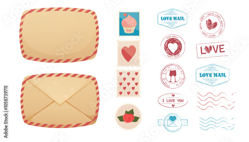 Set Love stamp, romantic mail, postage envelope. Retro Valentine, wedding grunge print. Textured post card decoration. Heart stamp.