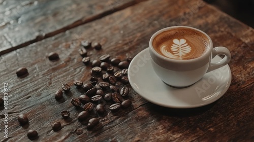 A white cup of latte art coffee with coffee beans scattered on a wooden table.