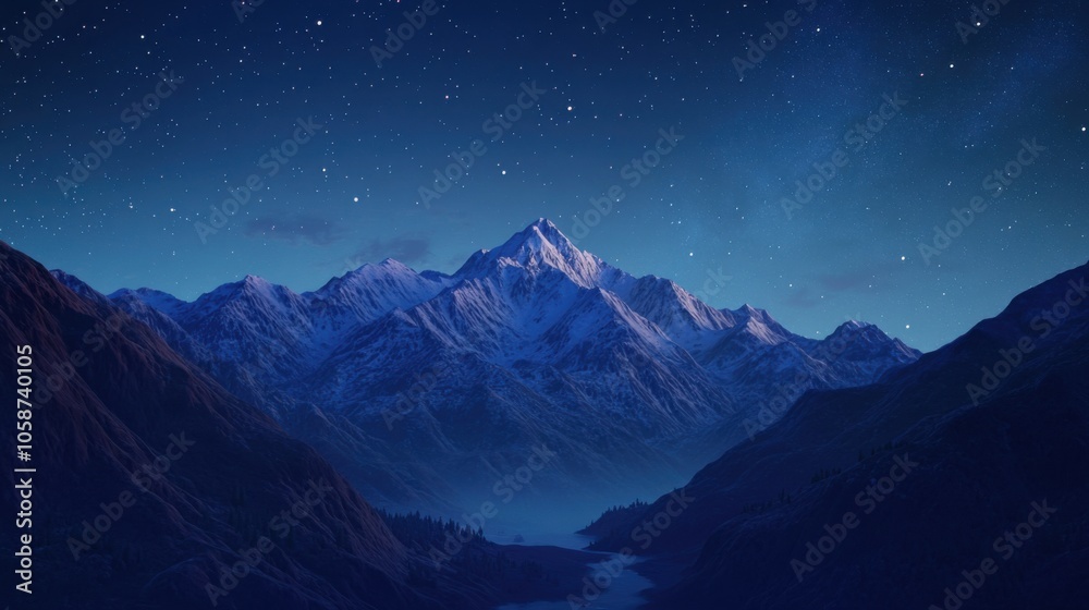 Serene mountain landscape under a starry night sky. Serene mountain landscape under a starry night sky.