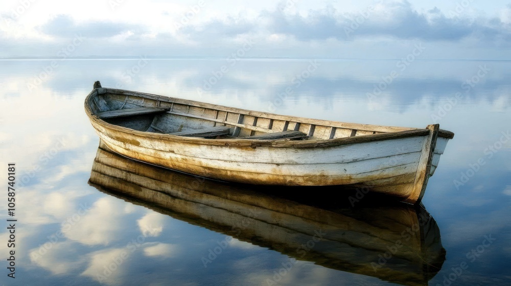 A weathered wooden rowboat sits still on a calm lake with a reflection of the sky and clouds. A weathered wooden rowboat sits still on a calm lake with a reflection of the sky and clouds.