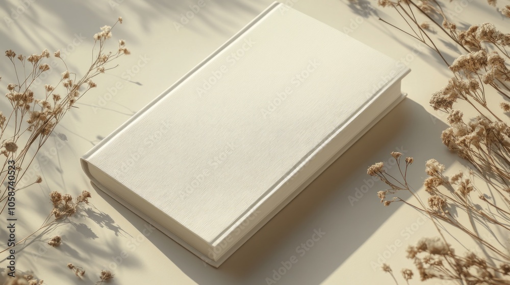Fototapeta premium A blank white book with dried flowers and shadows on a neutral background.