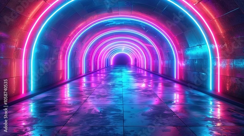A vibrant neon tunnel with reflective surfaces and colorful lights creating a futuristic atmosphere.