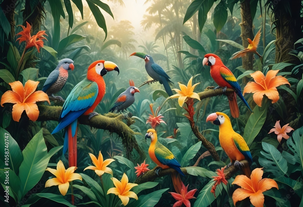 Tropical exotic pattern with animal and flowers in bright colors and lush vegetationn Tropical exotic pattern with animal and flowers in bright colors and lush vegetationn