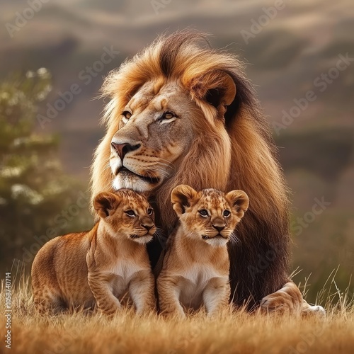 Majestic Lion with Two Cubs, Wildlife Photography. Pride, Strength, African Wilderness photo