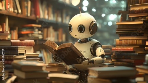 Robot Reading Books in Library, Machine Learning Concept