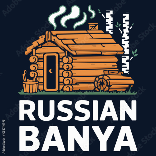 A Traditional Russian Banya with Log Cabin and Birch Trees - Design for T-Shirts