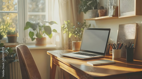 Photo of Cozy Home Office with Laptop, Plants, and Sunlight