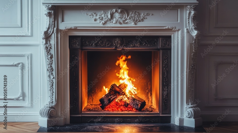 A roaring fire burns in a classic white fireplace with ornate details, casting a warm glow on the surrounding room. A roaring fire burns in a classic white fireplace with ornate details, casting a warm glow on the surrounding room.