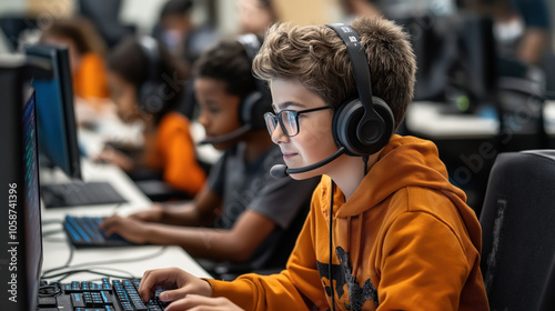 Young boy wearing a headset and glasses focused on a computer screen in a classroom setting with other kids.