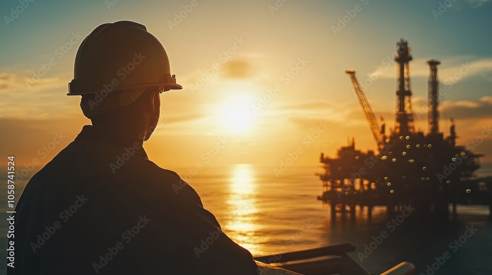 Fototapeta premium Silhouette of an engineer in hardhat watching an oil rig at sunset.