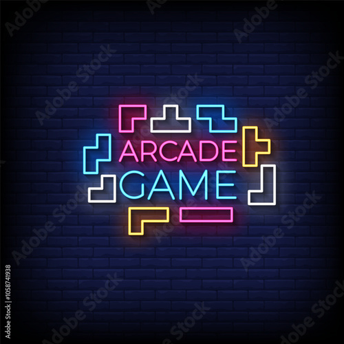 arcade game neon sign vector with brick wall background