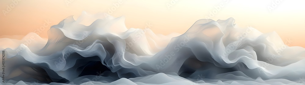 Obraz premium A serene abstract representation of soft, flowing waves in shades of gray and white against a gentle peach and cream background, evoking a tranquil and dreamy atmosphere.