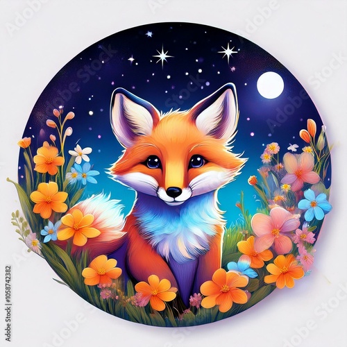 charming fox in a blooming spring meadow, against the backdrop of a starry winter night, badge like, rounded pin,  photo