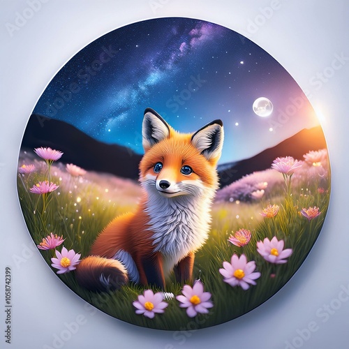 charming fox in a blooming spring meadow, against the backdrop of a starry winter night, badge like, rounded pin,  photo