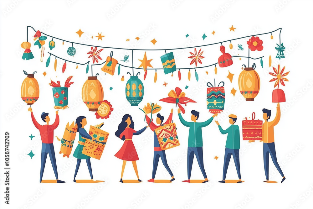 Fototapeta premium minimalist design of a Las Posadas celebration, clean lines and flat bright colors showing people carrying lanterns, festive decorations, and piñatas