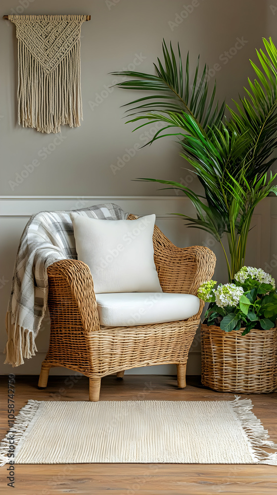 Stylish Bohemian Home Interior Photo - Wicker Armchair, Macrame, Plant Stylish Bohemian Home Interior Photo - Wicker Armchair, Macrame, Plant