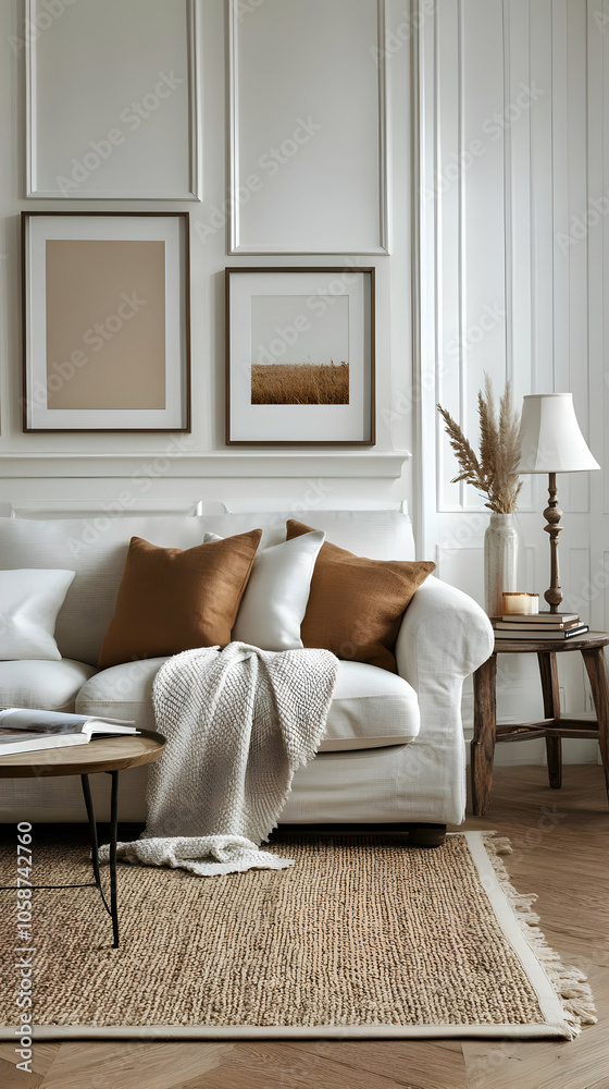 Minimalist Living Room Interior 3D Illustration with White Sofa, Brown Pillows and Jute Rug Minimalist Living Room Interior 3D Illustration with White Sofa, Brown Pillows and Jute Rug