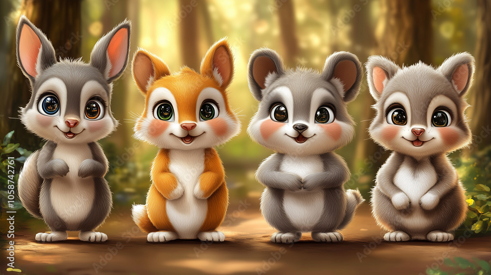 Adorable cartoon rabbits in grey, orange, and white colors standing together in a forest Adorable cartoon rabbits in grey, orange, and white colors standing together in a forest