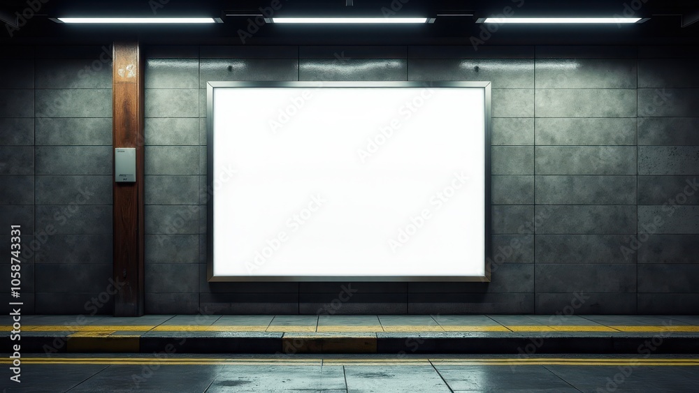 Realistic movie poster mockup in a subway station with a blank frame on a tiled wall. Ideal for showcasing film posters or ads in an urban setting. Realistic movie poster mockup in a subway station with a blank frame on a tiled wall. Ideal for showcasing film posters or ads in an urban setting.