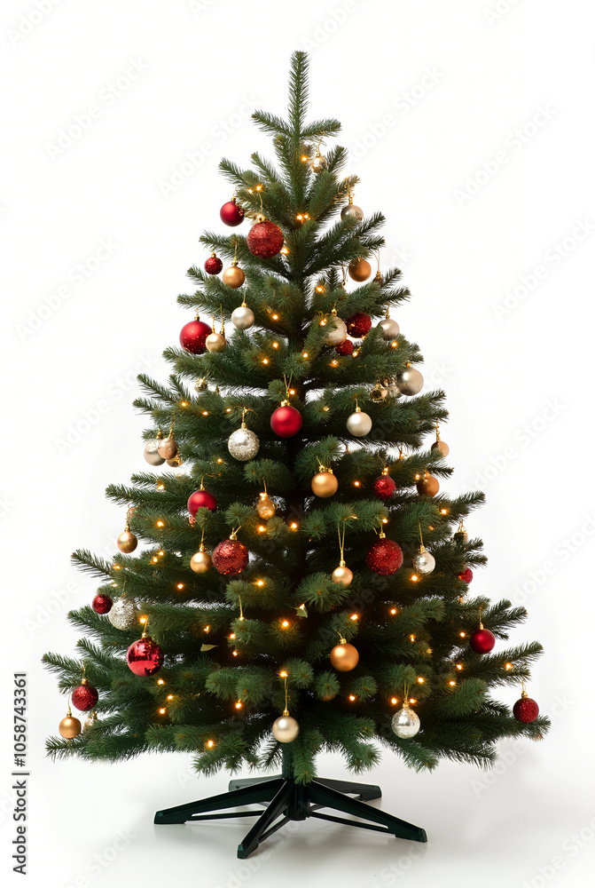 Decorated Christmas tree with golden baubles for new year isolated on white background. Postcard, banner, web design. New Year, Christmas