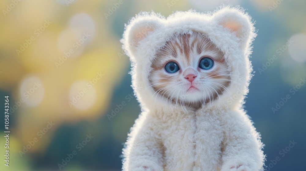 Fototapeta premium A small white cat wearing a white bear costume